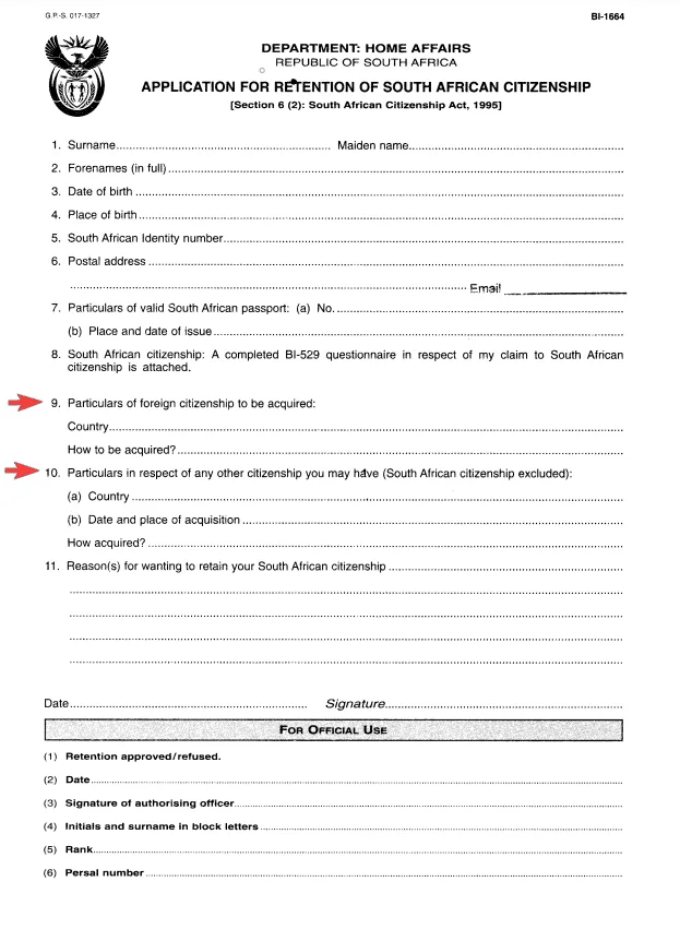Application form for obtaining dual citizenship in South Africa