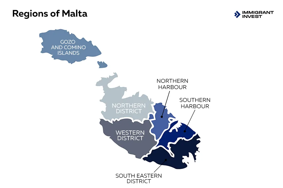 Regions of Malta on a map