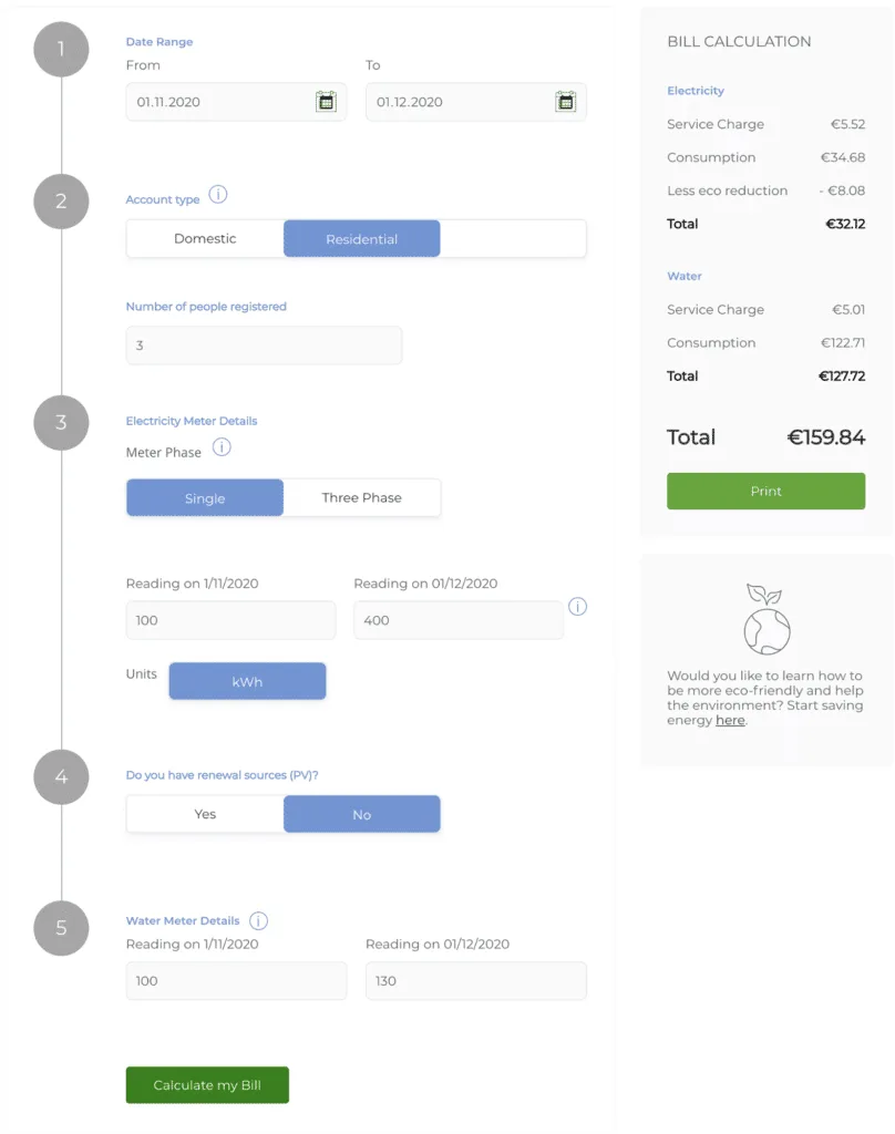Utilities bill calculator on electricity and water in Malta
